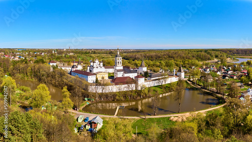 Panoramic aerial view of the ancient Orthodox Pafnutev-Borovsky Monastery in the city of Borovsk, Russia