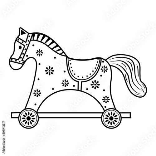 An icon with the image of a children's wooden toy rocking horse. Vector isolated illustration doodle coloring