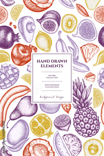 Fruits pattern card design. Hand drawn bananas, pears, kiwi etc.