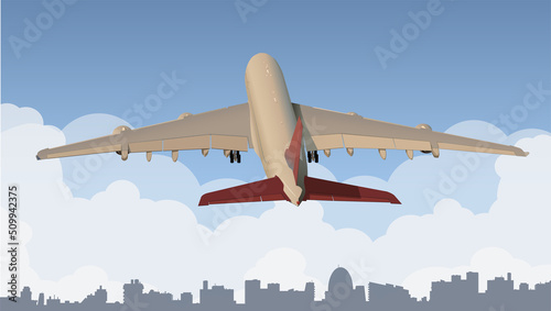 The airliner takes off into the sky above the city. Vector.