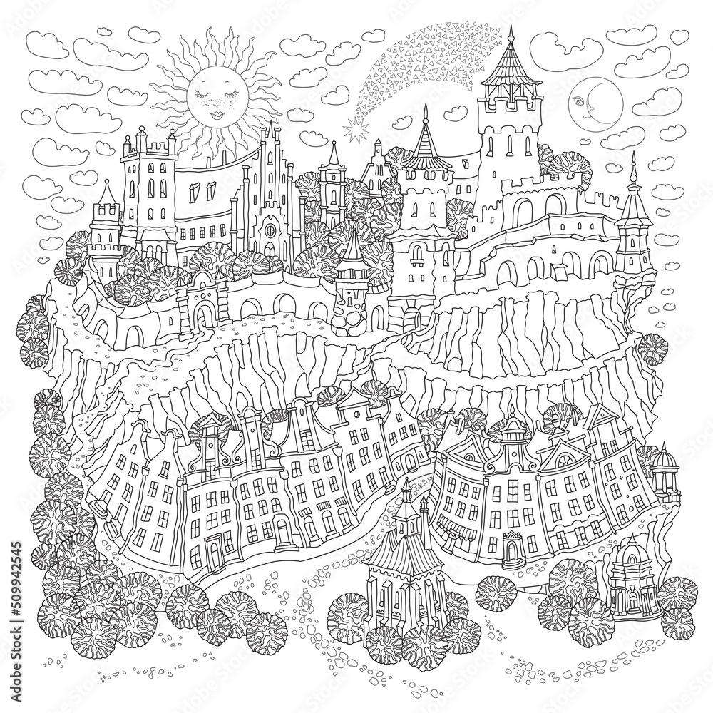 Vector contour fantasy landscape, fairy tale small town street, medieval castle on the hill. Black and white Adults and Children Coloring Book page 