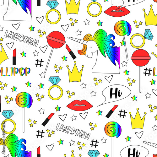 Modern seamless pattern for kids and toddlers. Unicorn, stars, lollipops, lipstick, crown. Pop art style. Design for clothes, wallpapers, walls.