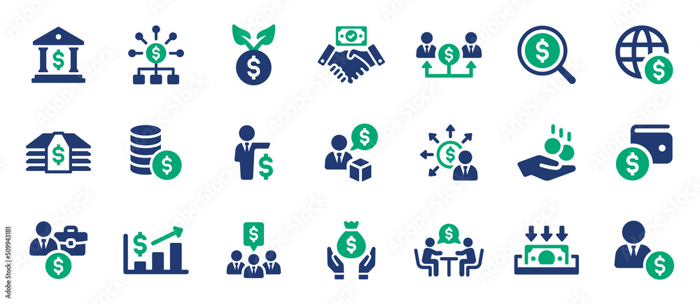 Money icon vector set. Collection of dollar symbol, banking, finance, investment sign and savings concept. - obrazy, fototapety, plakaty 