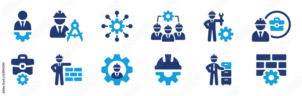 Engineer work vector icon set. Maintenance by technician and construction worker symbol concept.