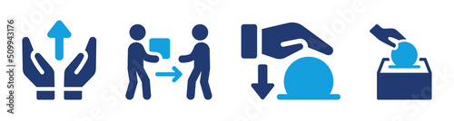 Donation icon vector set. Hand gibing money to charity, donate coin concept.
