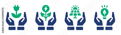 Save energyicon vector set. Green power eco concept with hands.
