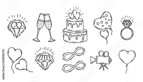 Set of vector wedding icons on a white background.