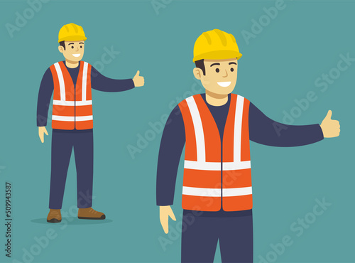 Isolated glad construction worker shows thumb up. Using personal protective equipment. Flat vector illustration template.