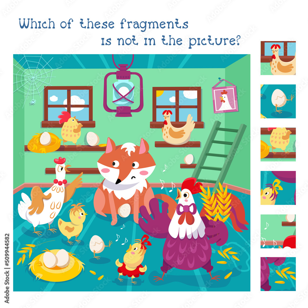 Find hidden fragments. Game for children. Funny family of rooster and
