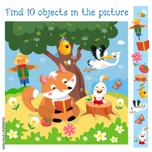 Find 10 hidden objects. Educational game for children. Fox read book  chicken blow on dandelion. Vector color illustration.