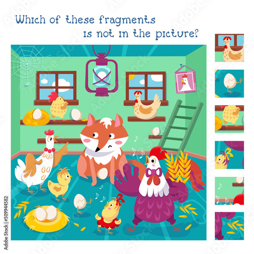 Find hidden fragments. Game for children. Funny family of rooster and hen with fox in chicken coop. Vector color illustration.