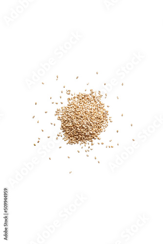 Closeup organic whole raw sesame seeds on isolated white background from above
