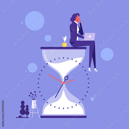 Businesswoman sitting and thinking on hourglass. Wasting time. Too much thinking. Deadline or time management vector illustration concept