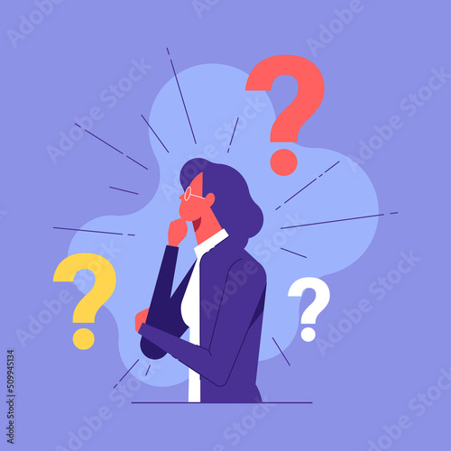 Person having a question. A female character, standing in a pensive pose, holds her chin and question marks above her head