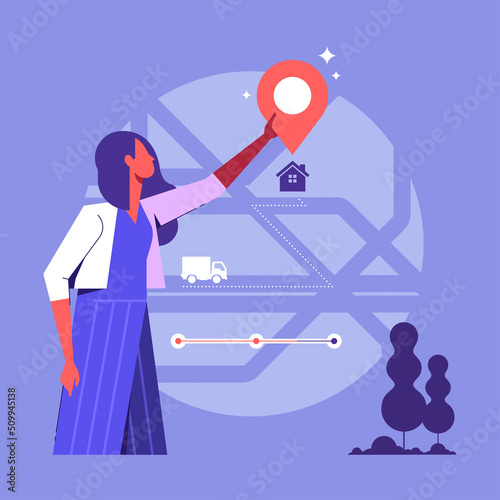 Woman set pick up location in Mobile delivery app, online order and delivery process. Mobile delivery concept