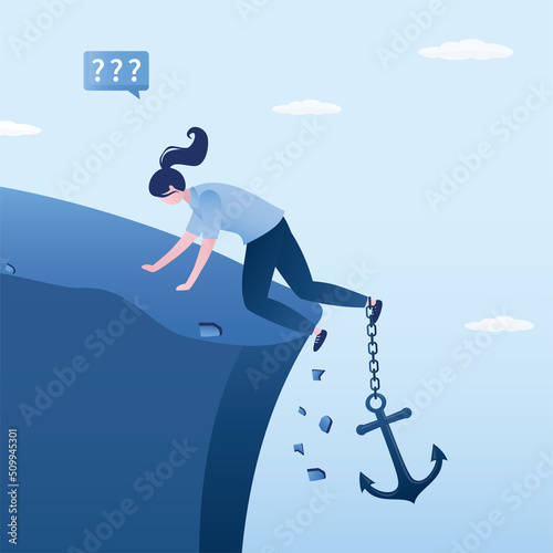 Big anchor pulls businesswoman into abyss. Insurmountable obstacles, difficulties, debts. Female entrepreneur cannot crawl away from business problems. Money gap or debt hole.