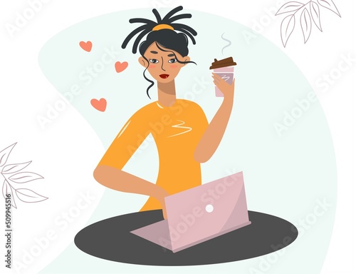 African American woman drinking coffee from a plastic cup while working. Stylish brunette with a laptop. The girl takes a coffee break. Work, study, rest. Freelance. Vector isolated in flat style.