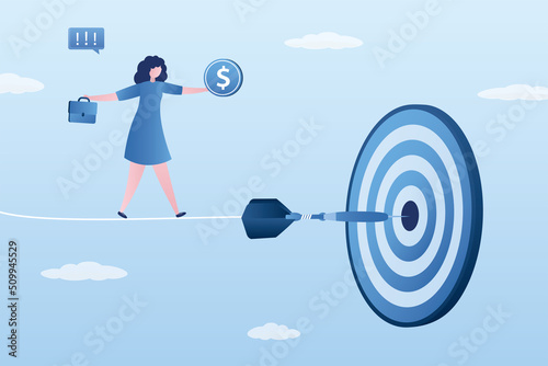 Challenge to overcome difficulty and achieve business target. Businesswoman walks tightrope over an abyss. Female entrepreneur maintains balance between risk and financial gain.