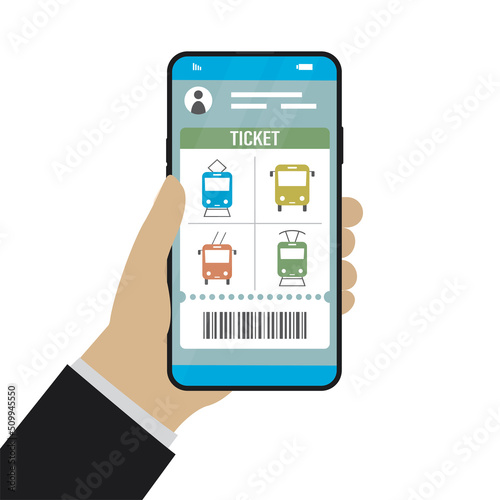 E-ticket for travel on metro, trolleybus and bus. Hand holds modern smartphone with transport application. Public transport digital pass with barcode. Technology for city travel.