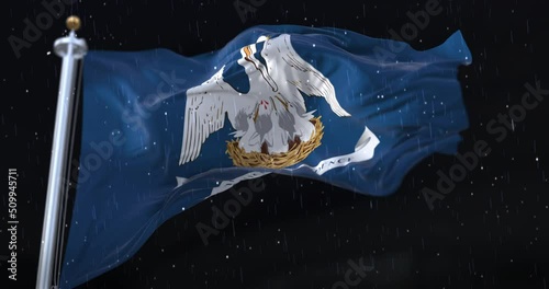 Flag of american state of Louisiana, United States, with rain in the night. Loop photo