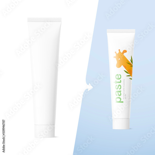 Blank plastic tube mockup for cosmetics with cap. Vector illustration isolated on white background. Perfect for the presentation of your product. EPS10.