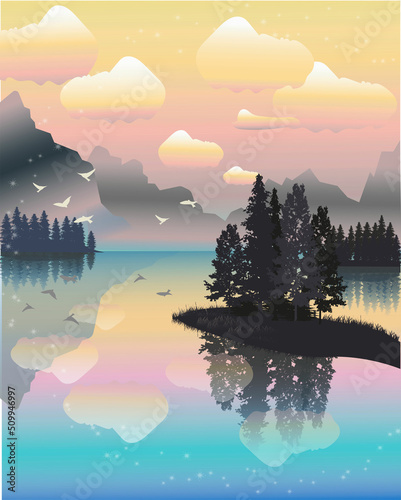 vector illustration landscape with lake and forest, poster