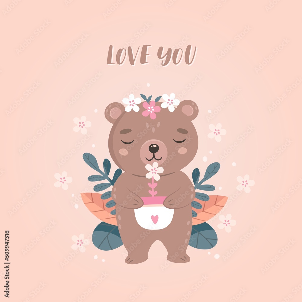 Cute bear with flowers and leaves. Smiling bear holding a flower pot. Design for graphics, shirts, prints, posters, greetings, souvenir products. Hand drawn flat vector illustration. Cute bear with flowers and leaves. Smiling bear holding a flower pot. Design for graphics, shirts, prints, posters, greetings, souvenir products. Hand drawn flat vector illustration.