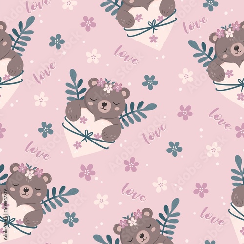 Seamless pattern with cute bears, flowers, hearts and words Love. Vector illustration in hand drawn flat style.