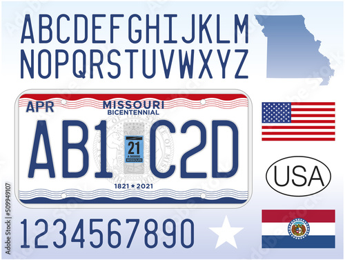 Missouri state license plate pattern with letters and numbers  United States of America