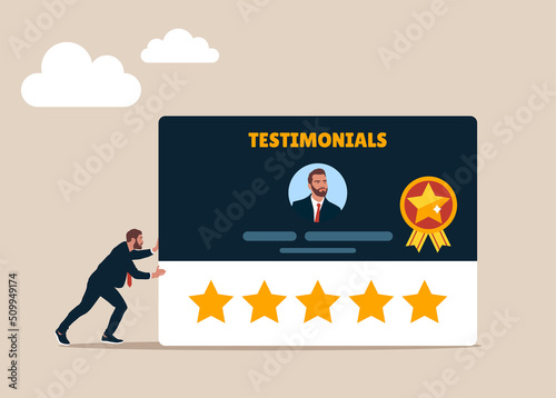 Entrepreneur pushing testimonial card with good reviews. Testimonials client review, customer praise or opinion or feedback giving 5 stars rating, message or positive comment, quality service.