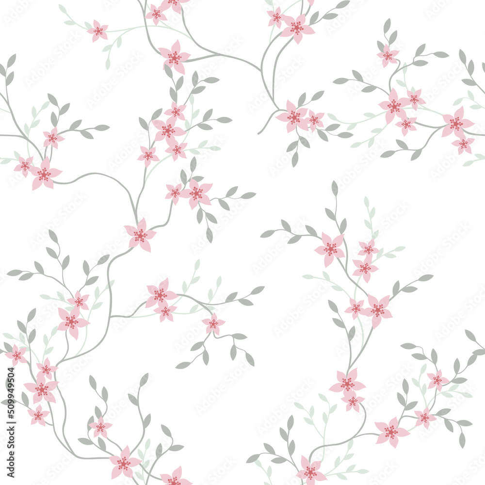 seamless pattern of flowers, branches and leaves