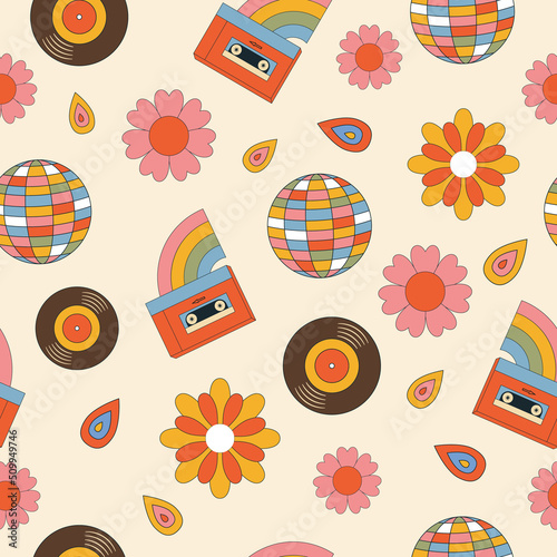 Vector retro seamless pattern with a musical devices 70s. Vintage print with vinyl plate, cassette player, disco ball, flat style. Aesthetic music and sound pop background.