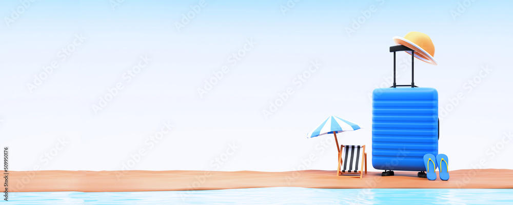 3D Render Of Travel Elements And Copy Space On Glossy Blue Background. - obrazy, fototapety, plakaty 