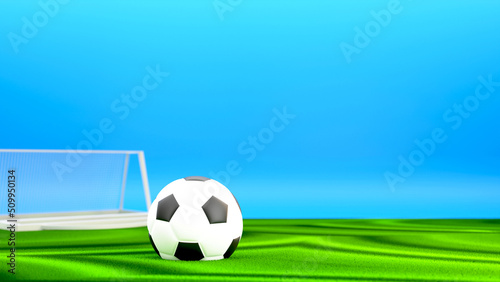 3D Football Playground View With Soccer Ball And Goal Net.