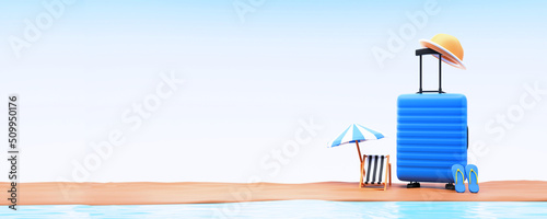 Foto 3D Render Of Travel Elements And Copy Space On Glossy Blue Background