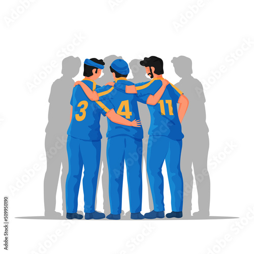 Back View Of Cricket Players Standing Together On White Background.