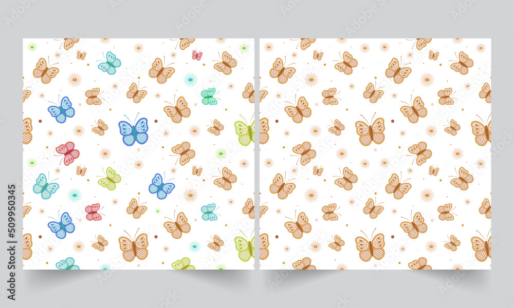 Seamless Pattern Of Butterflies And Flowers On White Background In Two Options.