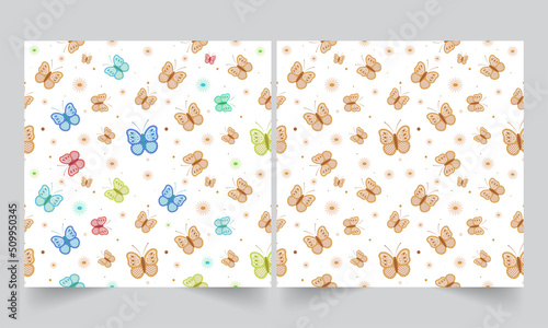 Seamless Pattern Of Butterflies And Flowers On White Background In Two Options.