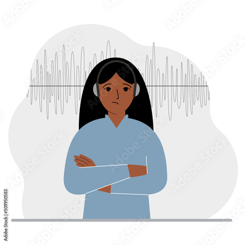 Woman in headphones and a sound track. Concept of online podcast, radio, online books, online learning and music.