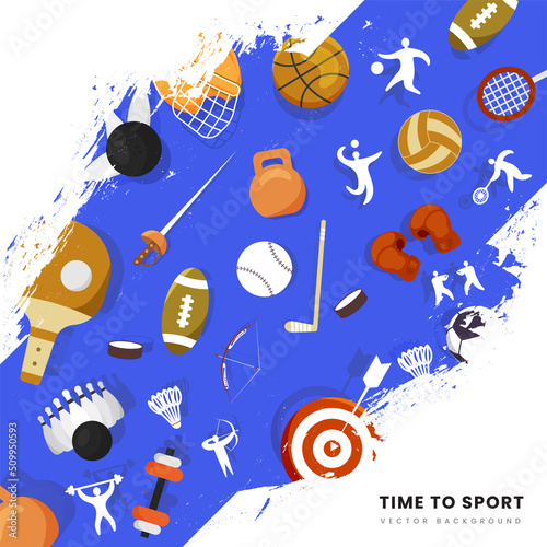 Time To Sports Background With Blue Brush Effect And Tournament Elements.