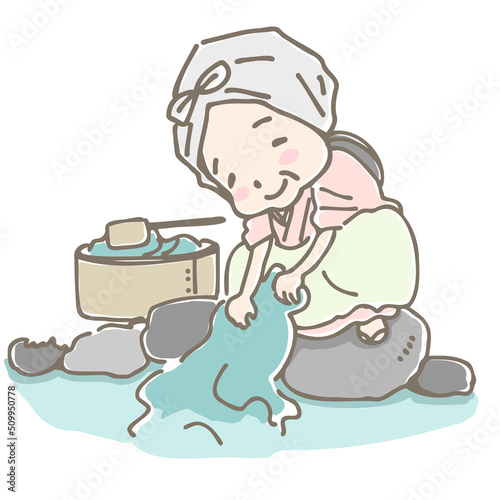 川で洗濯をする日本の昔話のおばあさん