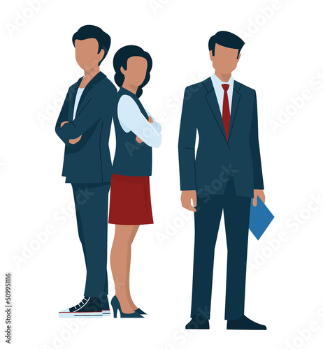 Business people. A man in business suits. The girl and the guy stand with their backs to each other, folded their arms on their chests. Office staff. Vector image.