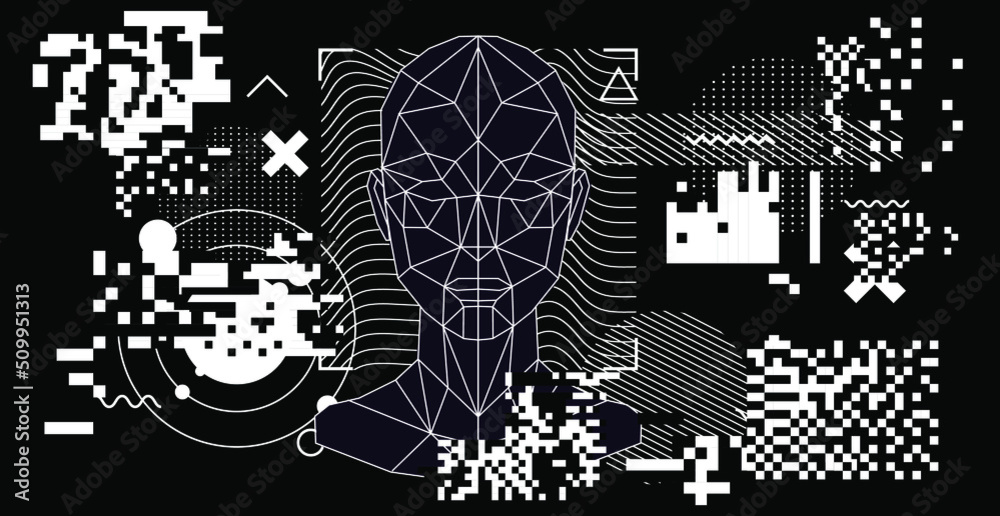 Obraz premium Abstract geometric composition with 3D polygonal model of a human head. Sci-fi futuristic vector illustration.