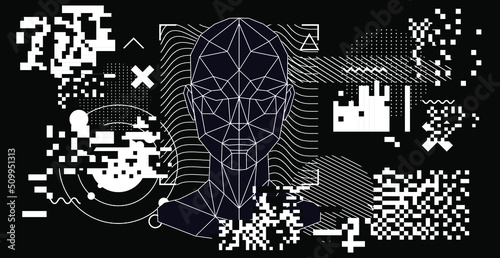 Abstract geometric composition with 3D polygonal model of a human head. Sci-fi futuristic vector illustration.