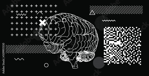 Abstract scientific background with 3D silhouette of the human brain and geometric figures.