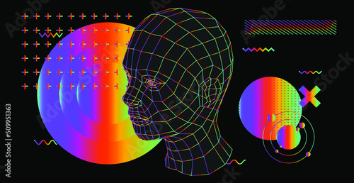 Abstract geometric composition with 3D polygonal model of a human head. Sci-fi futuristic vector illustration.