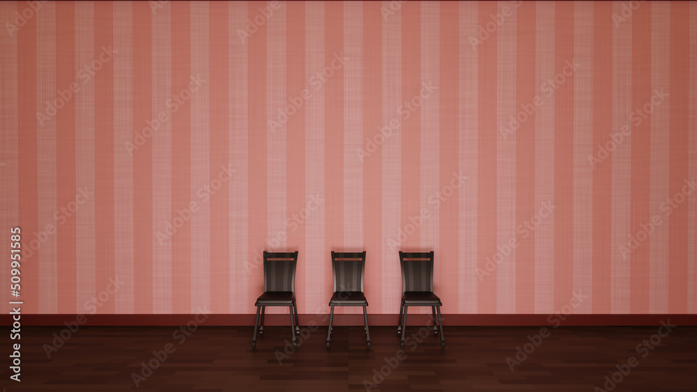 3つ並んだ椅子　ピンク　ストライプ　壁　3DCG　背景