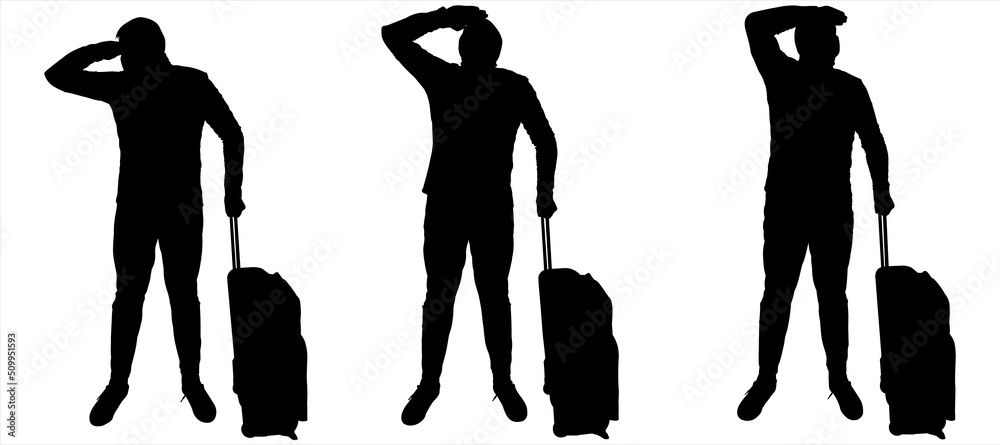 The guy with the suitcase is waiting, watching the situation, he raised his hand to his head to focus his vision. A man with a suitcase on wheels. Full face. Three black male silhouettes isolated The guy with the suitcase is waiting, watching the situation, he raised his hand to his head to focus his vision. A man with a suitcase on wheels. Full face. Three black male silhouettes isolated