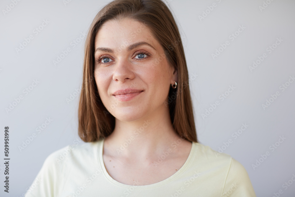 Focused thinking woman face portrait. Girl looking away. Female head shot with shallow depth of field. Focused thinking woman face portrait. Girl looking away. Female head shot with shallow depth of field.