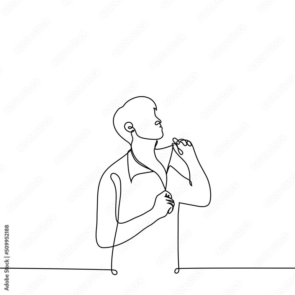 man unzips jacket - one line drawing vector. concept to undress, take ...